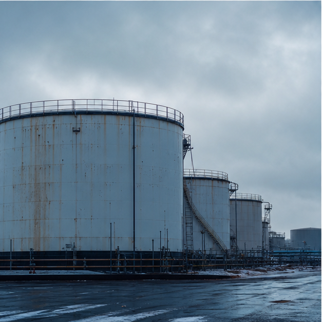 Editorial image of oil storage tanks at an industrial facility