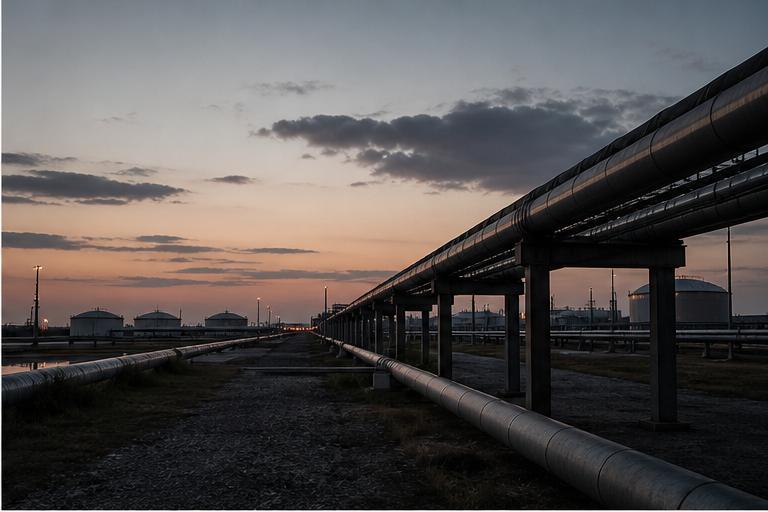 Oil terminal pipeline corridor at dusk