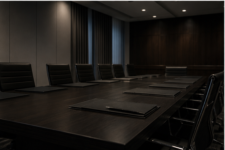 Empty conference room with sealed folders