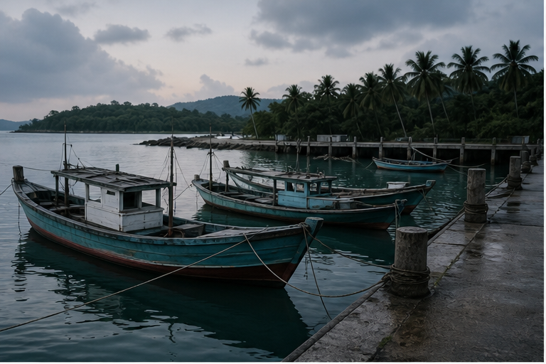 Empty fishing boats tied at a quiet pier