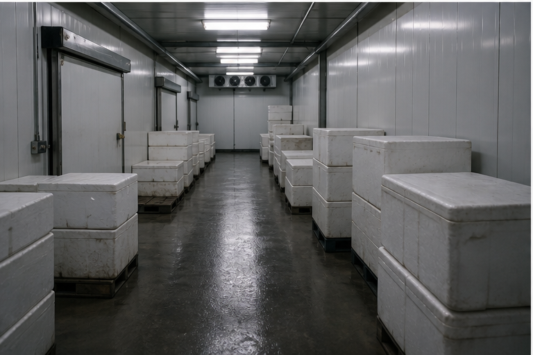 Cold storage corridor with plain boxes