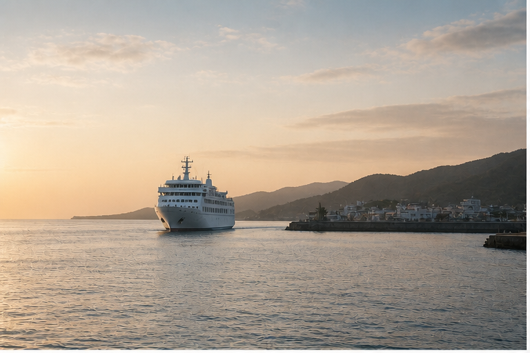 Passenger ferry approaching a quiet island port
