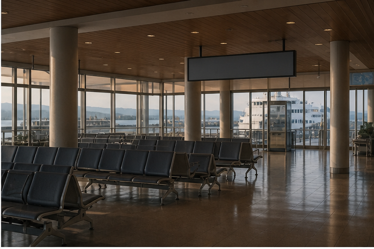 Empty ferry terminal with blank signage