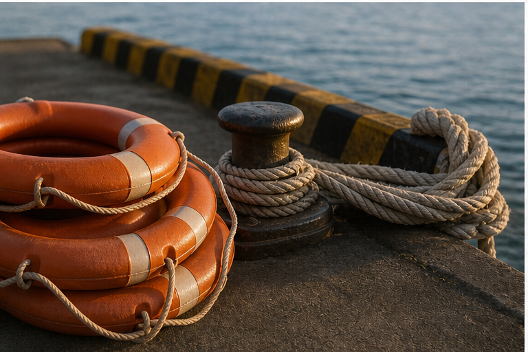 Life rings and mooring ropes on a pier