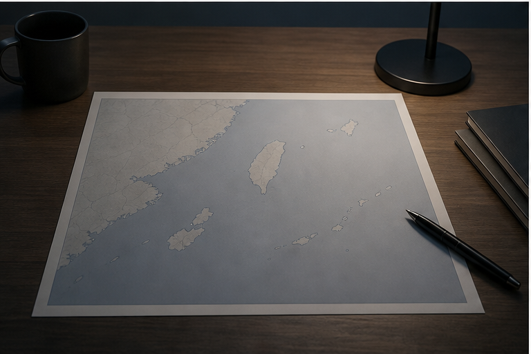 Analyst desk with unlabeled island papers
