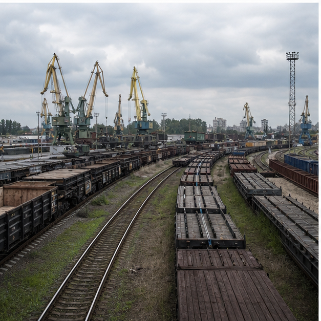Editorial image of energy infrastructure, industrial equipment, logistics yards, and reconstruction materials