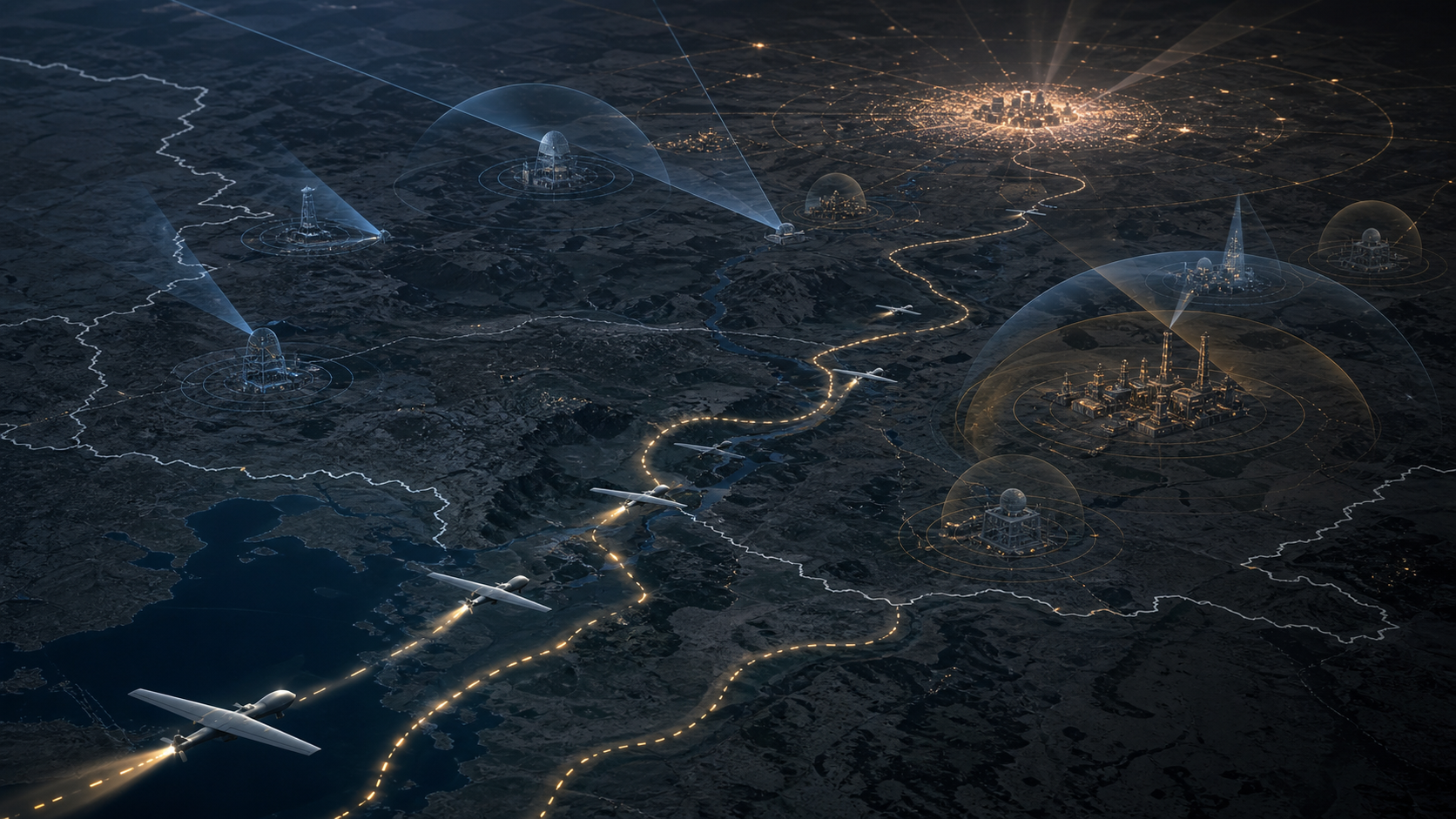 低空ドローンが防空圏を迂回しながら首都圏へ接近する様子を示す編集部作成の概念画像