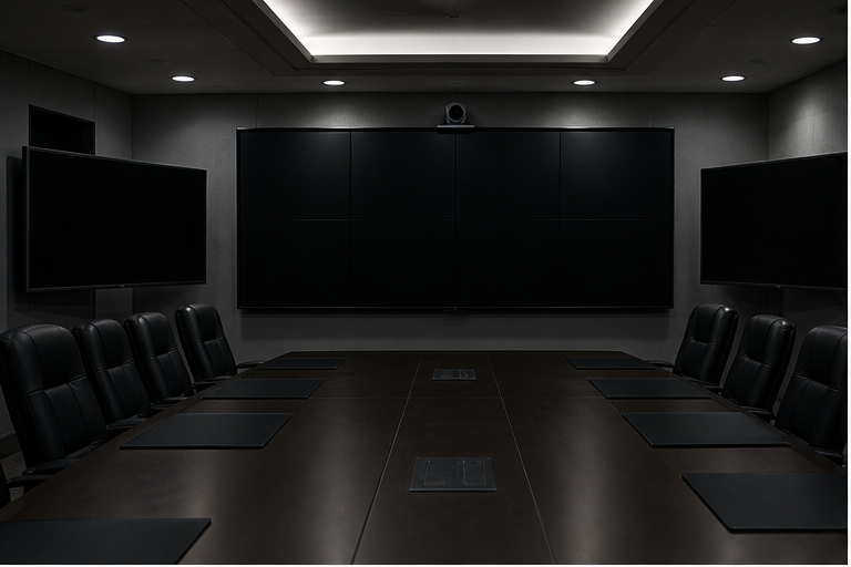Empty secure conference room with blank screens
