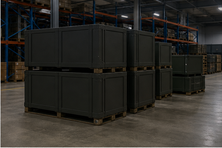 Unmarked logistics crates in a warehouse