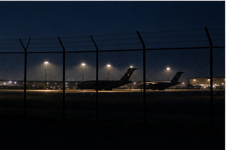 Night airbase perimeter with distant lights