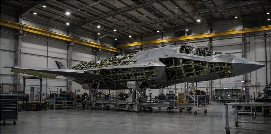 Unfinished next-generation aircraft in an aerospace assembly hangar
