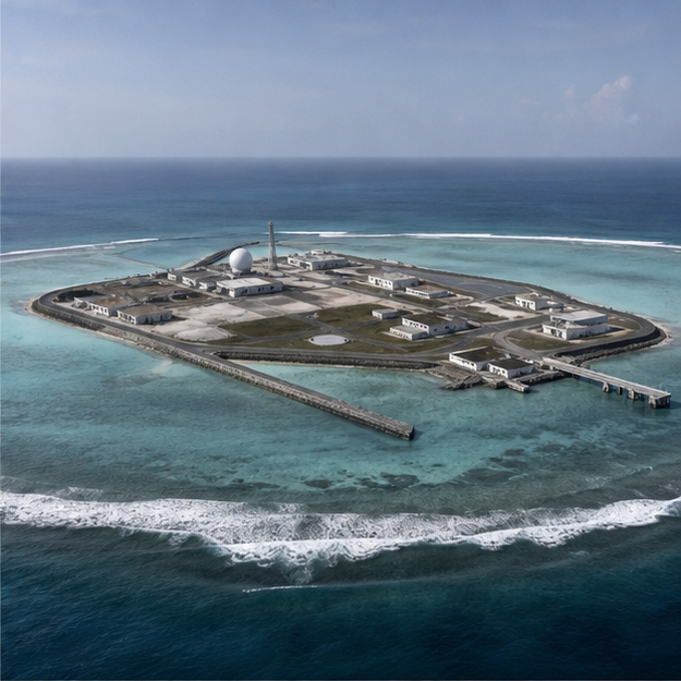 Remote Pacific maritime observation outpost on a coral atoll