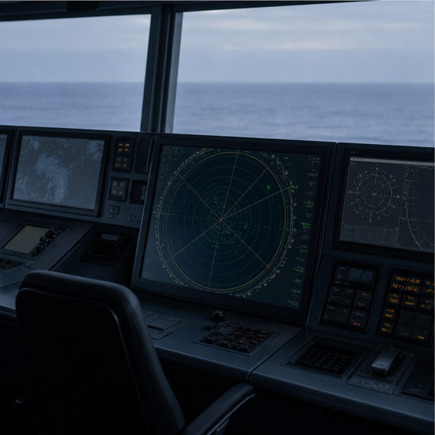 Empty maritime surveillance console overlooking the ocean