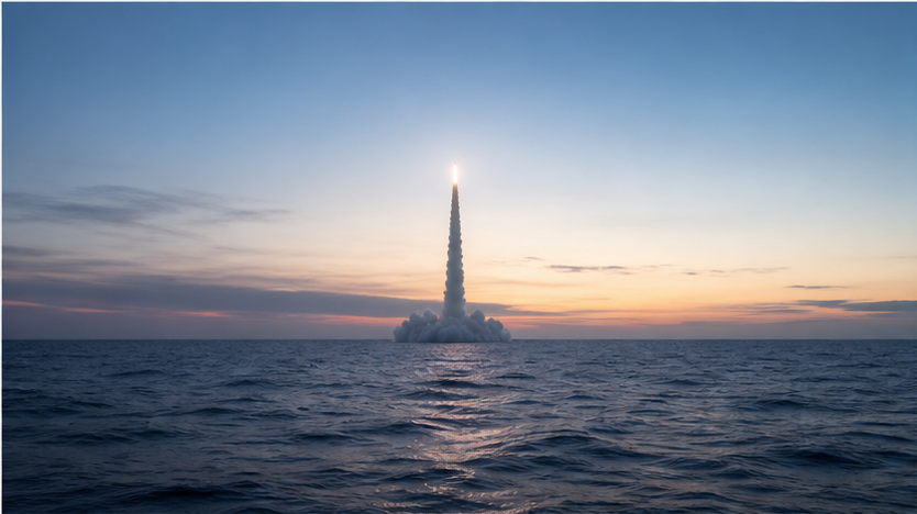 Distant submarine-launched missile test plume over open ocean