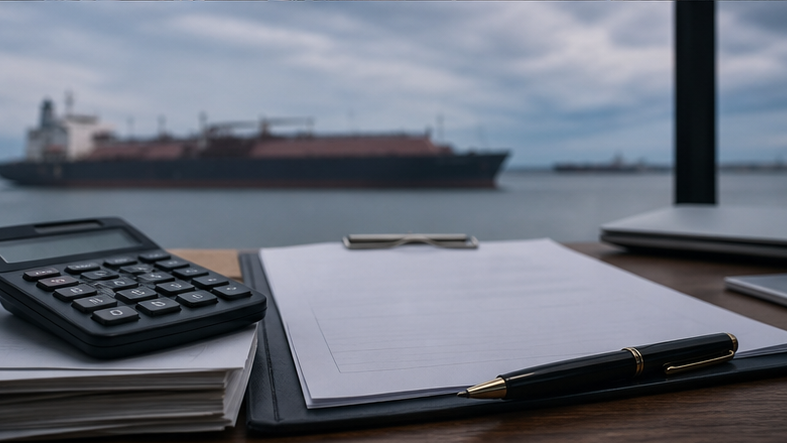 タンカーを望む海運取引の確認作業机