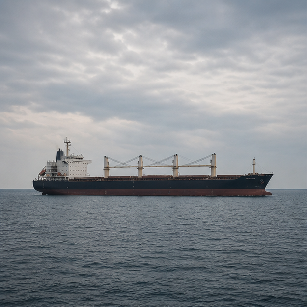 Unmarked grain bulk carrier sailing under an overcast sky