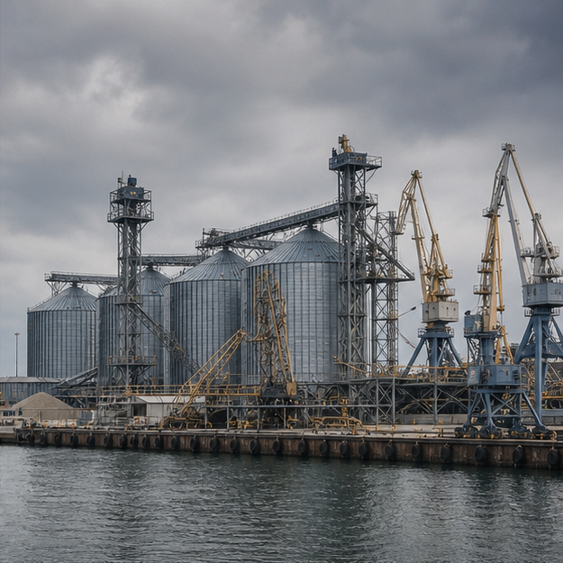 Coastal grain silos and port cranes without visible markings