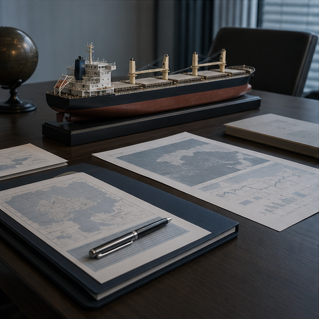 Maritime risk planning desk with a generic bulk carrier model