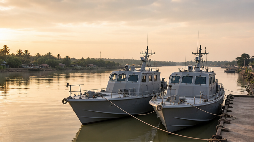 Two unmarked patrol boats moored on a Southeast Asian river