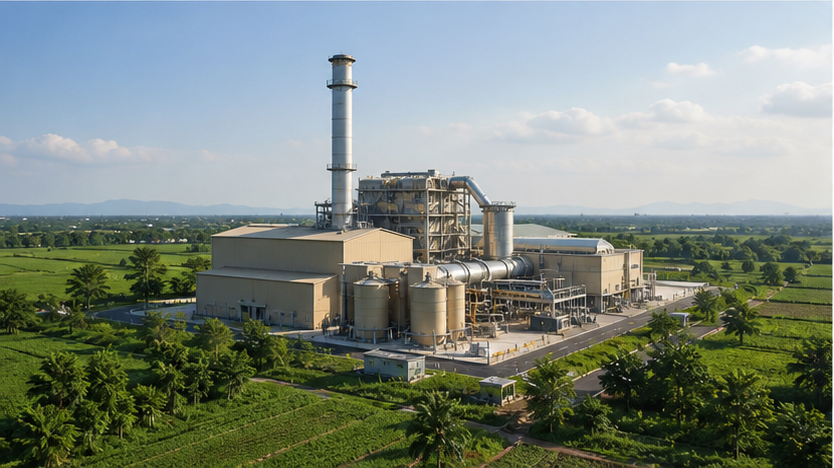 Modern biomass power facility surrounded by green fields