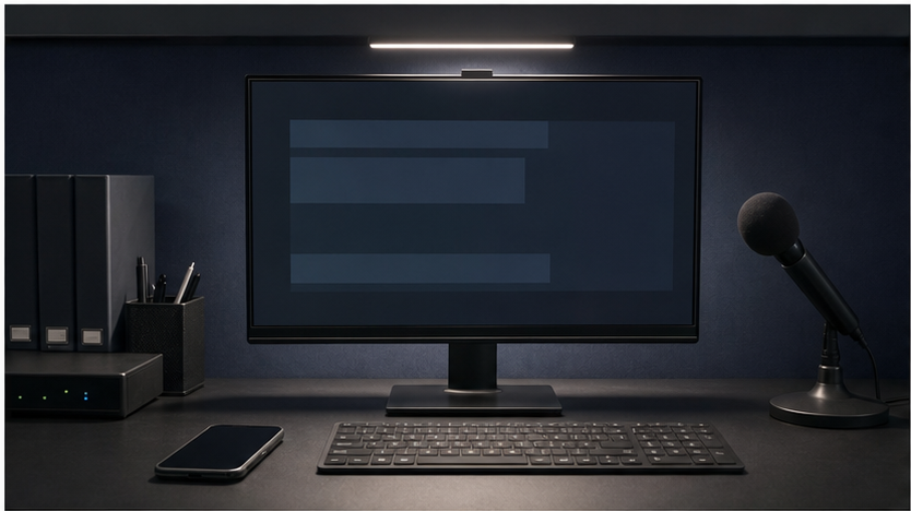 Secure public affairs desk with an unbranded phone and microphone