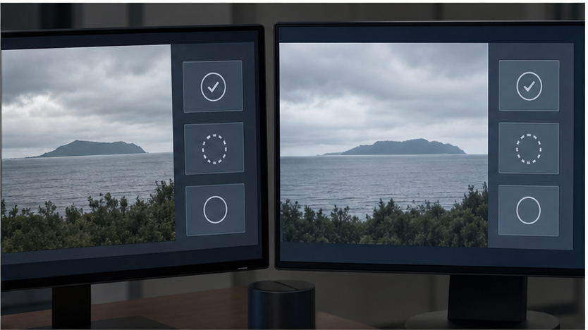 Two screens comparing anonymous coastal imagery for verification