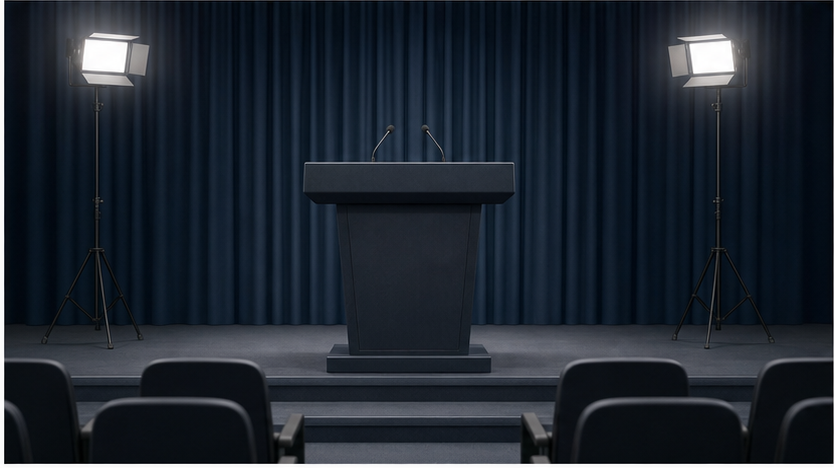 Empty government briefing room with camera lights