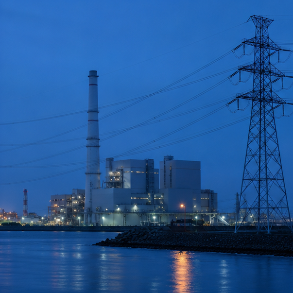 沿岸の火力発電設備と送電線