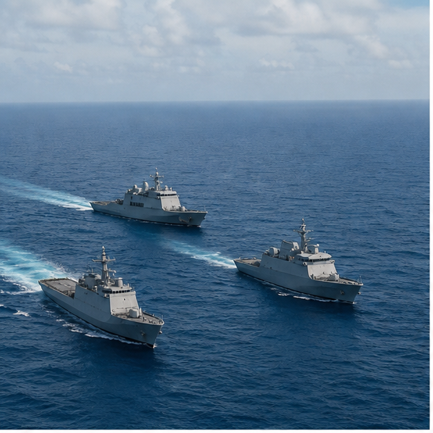 南の海を隊形航行する無標識の3隻の艦艇