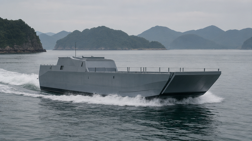 Generic fast landing craft moving through coastal water