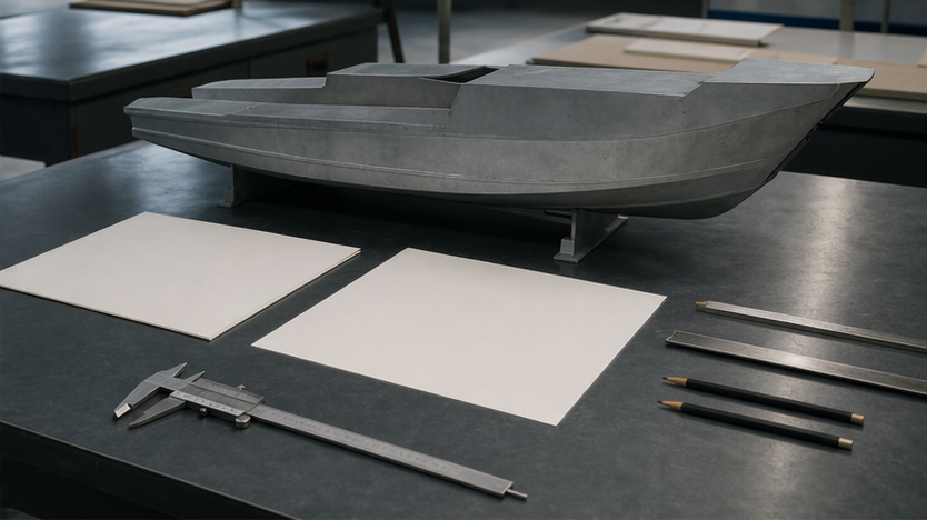 Generic landing craft model on an engineering design table