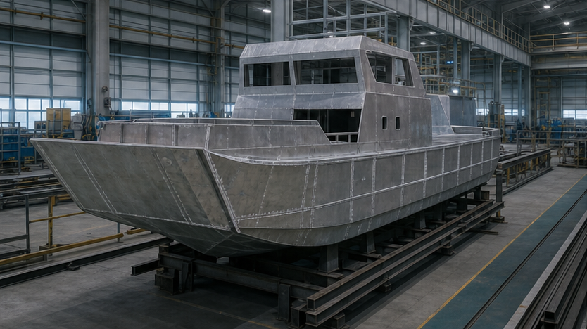 Unfinished aluminum vessel hull in a modern shipyard