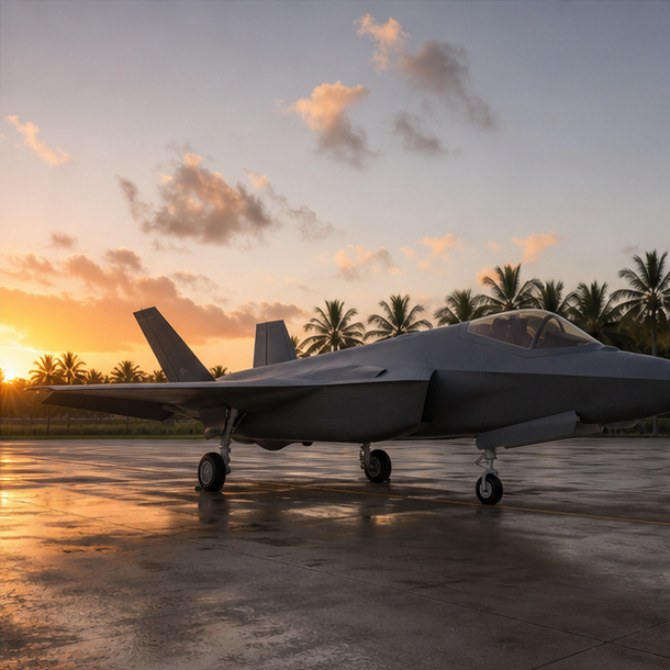 Unmarked stealth aircraft on a tropical airbase apron