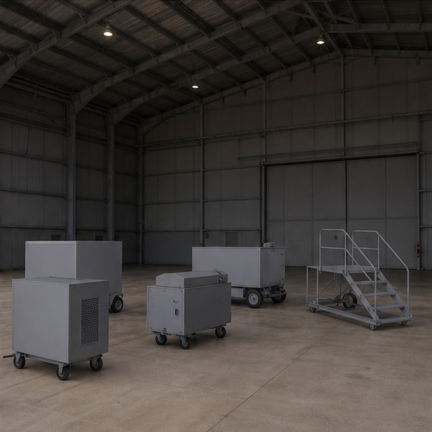 Blank aircraft support equipment in an empty maintenance hangar