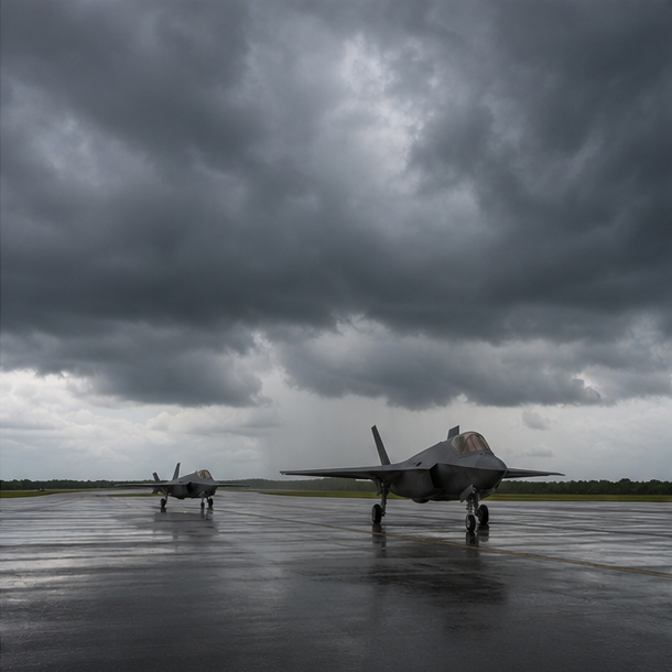 Two unmarked aircraft taxiing on a wet runway