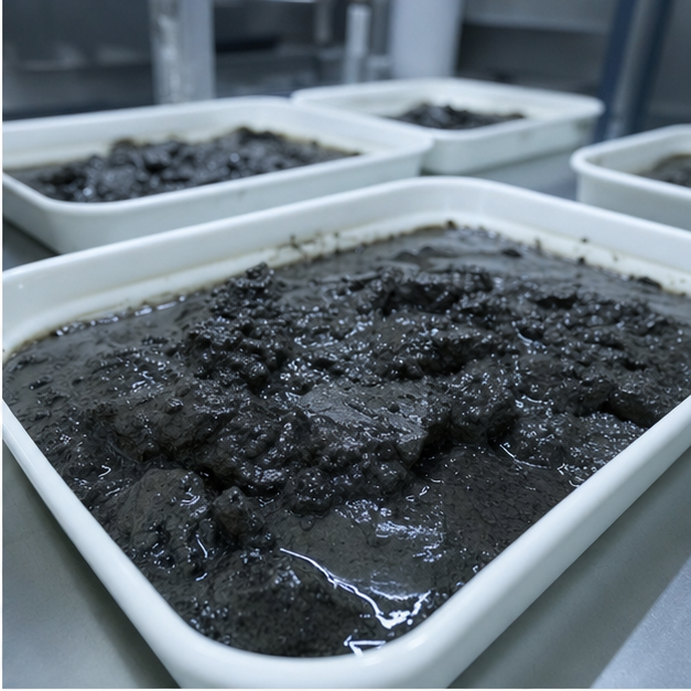 研究施設で保管される湿った海底鉱物泥の試料