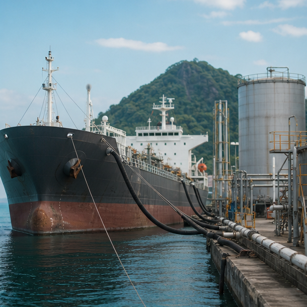島しょ港で荷役する無標識の石油製品タンカー