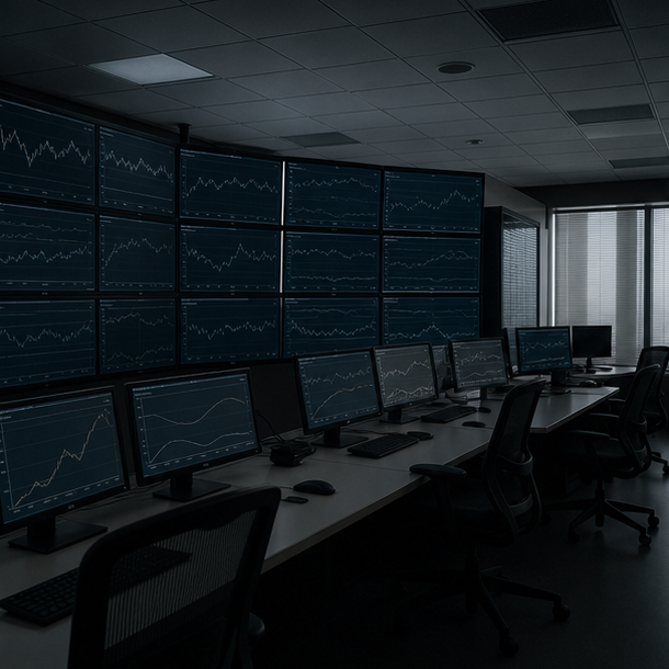 Empty institutional trading room with abstract market charts
