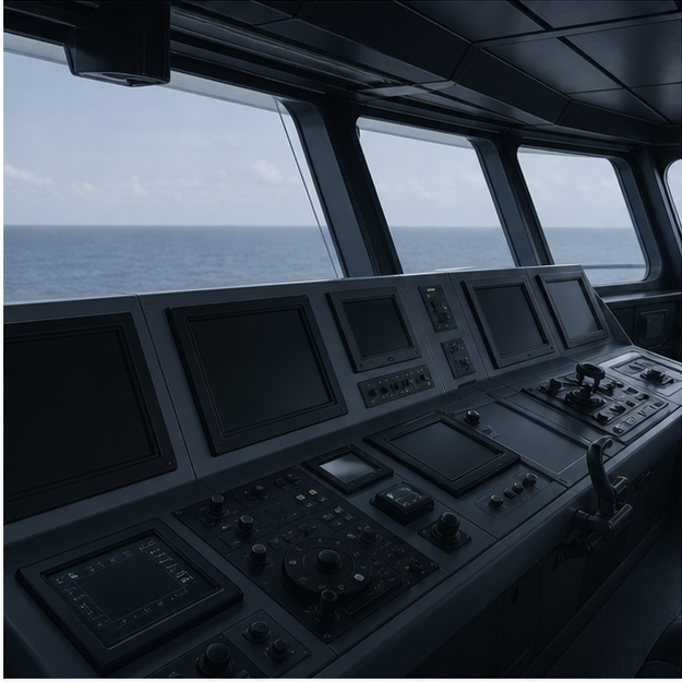 Empty ship bridge prepared for maritime navigation