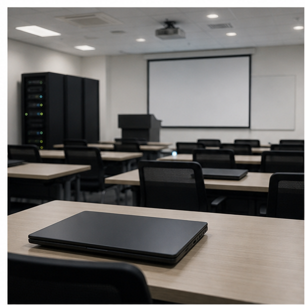Empty diplomatic training classroom with closed laptops