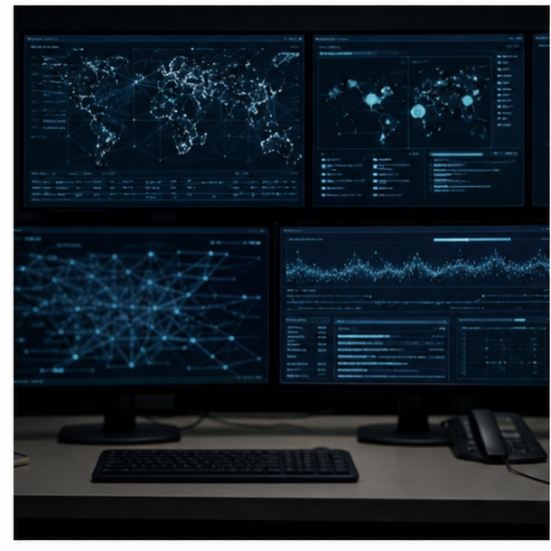Cyber defense workstation displaying abstract network patterns