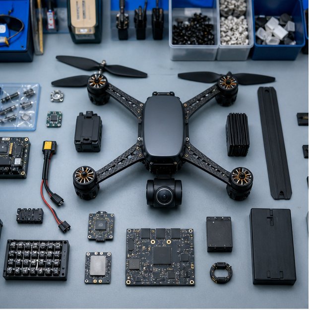 Generic drone and electronic components on a clean workbench