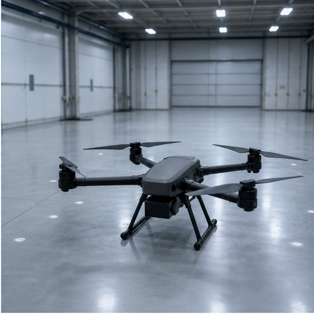 Unmarked industrial drone in an empty test hangar