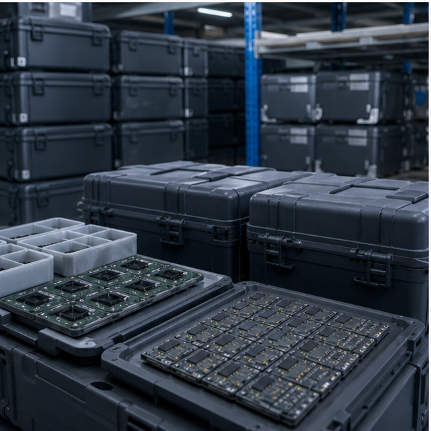 Blank component cases and electronics in a secure warehouse