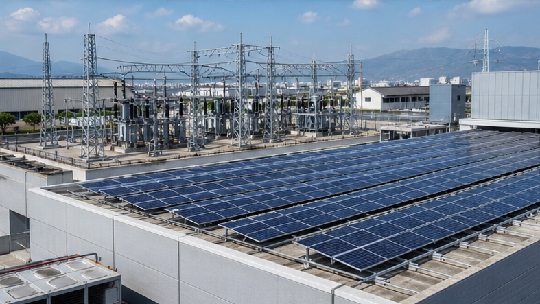 工場の屋上太陽光設備と隣接する変電設備