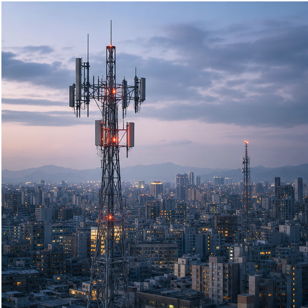 Urban mobile network towers above a dense city
