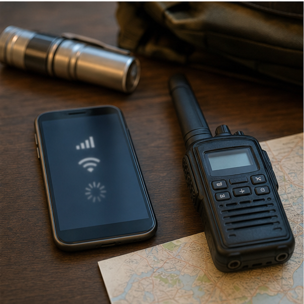 Smartphone and emergency radio beside an offline map