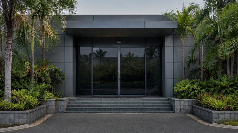Closed anonymous diplomatic office in tropical surroundings