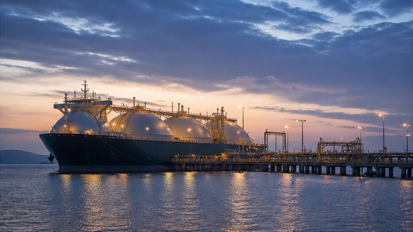 Unmarked LNG carrier at a Pacific export terminal