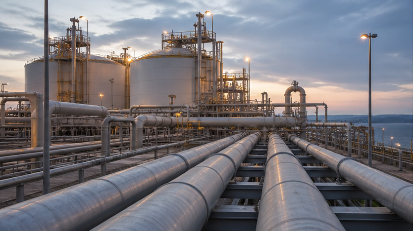 LNG storage tanks and export pipelines